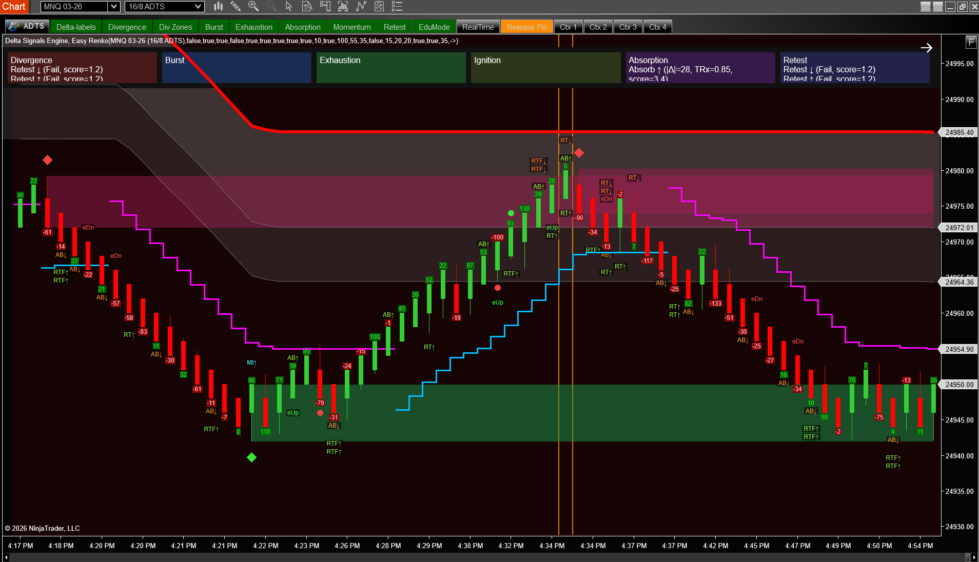 DSE on Easy Renko showing absorption and retest zones